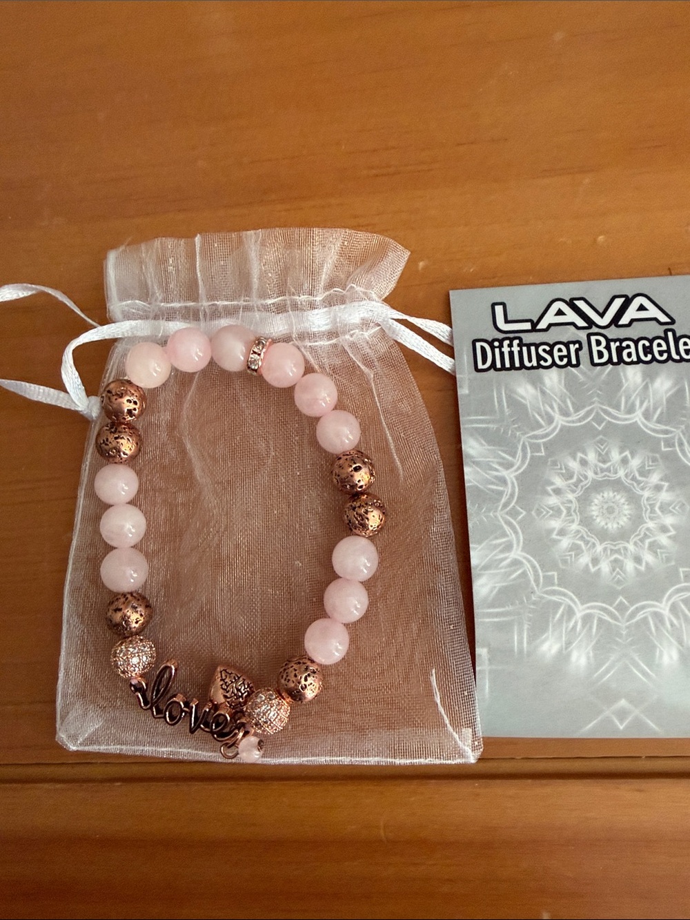 Lava Diffuser Pink Bead Bracelet with Rose Gold 'Love' Charm